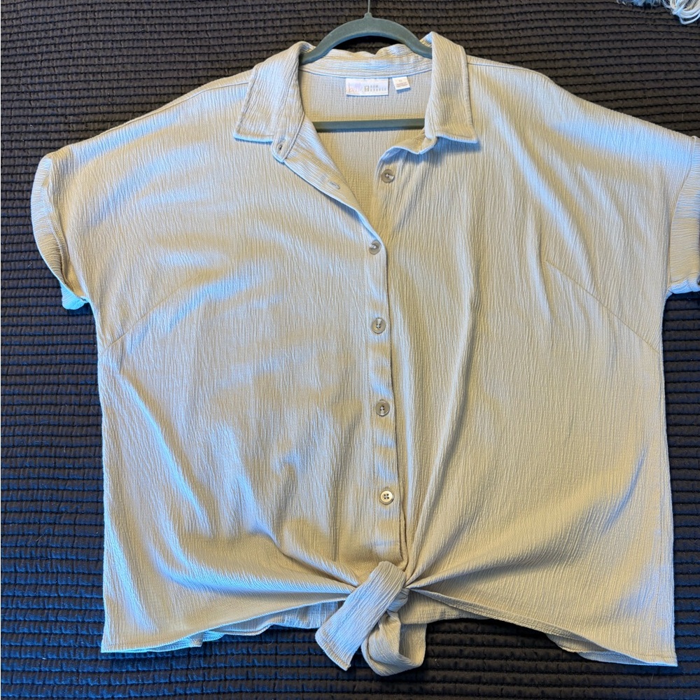 Kim Gravel oatmeal colored Button-Up Shirt with tie bottom